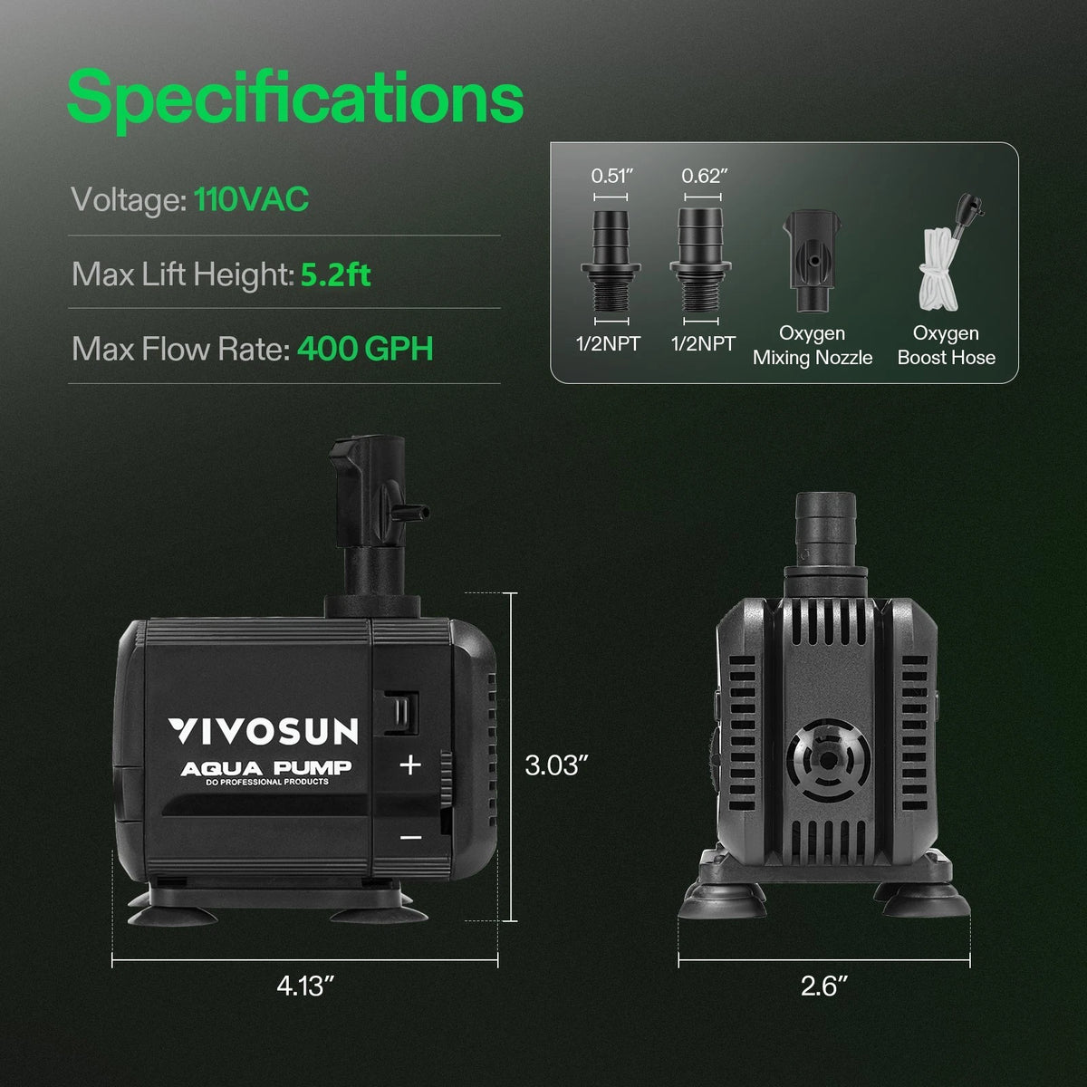 Specifications and dimensions graphic for a VIVOSUN aquarium pump, showing front and side views with measurements, plus inset diagrams for nozzles and an oxygen boost hose on a dark green background.