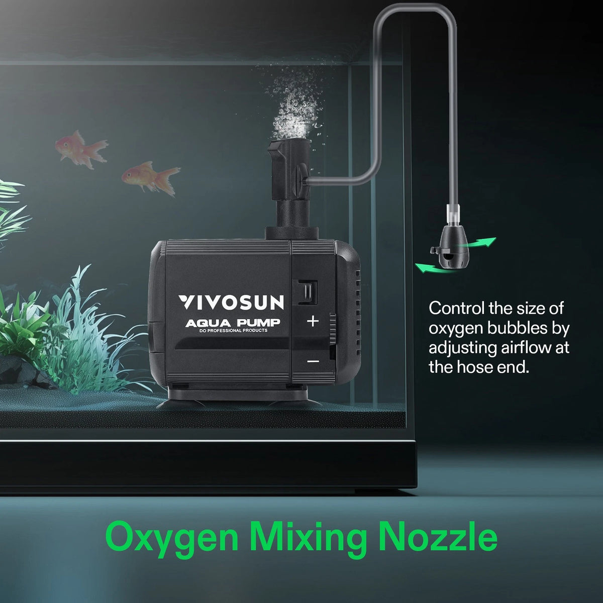 VIVOSUN submersible water pump with oxygen mixing nozzle in an aquarium setting