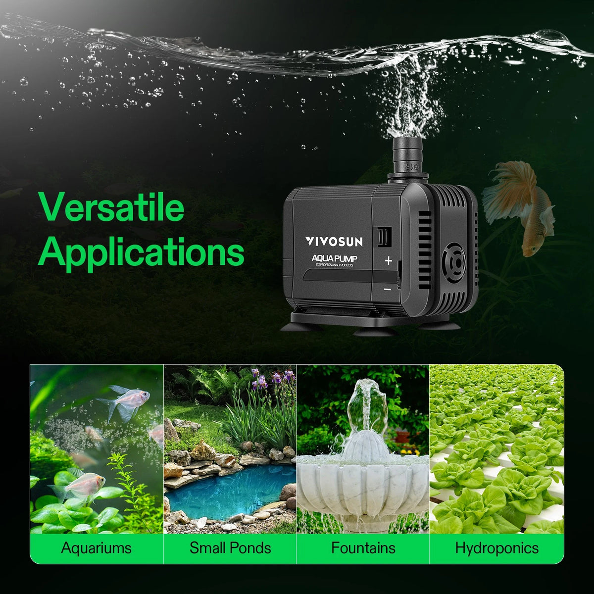 VIVOSUN submersible water pump with applications for aquariums, small ponds, fountains, and hydroponics on a dark background.
