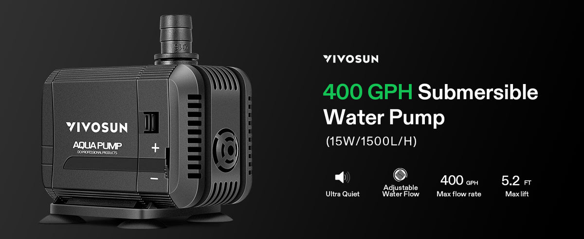 VIVOSUN 400 GPH submersible aquarium water pump in black, shown on a dark background with product specifications and feature icons.