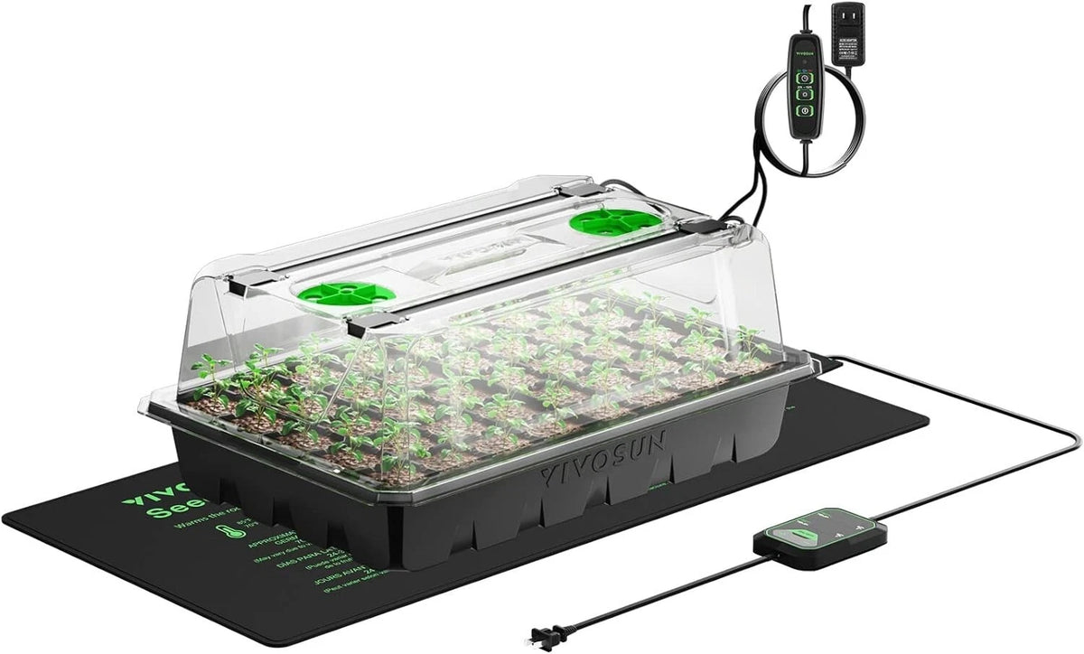 VIVOSUN seed starter propagation kit gardening system with seedlings and control panel on a white background