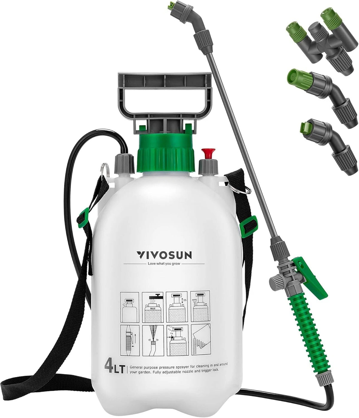 A 4-liter VIVOSUN hand-pump lawn and garden sprayer bottle with a green cap, black shoulder strap, and adjustable spray wand, shown on a white background with four green and black nozzle attachments.