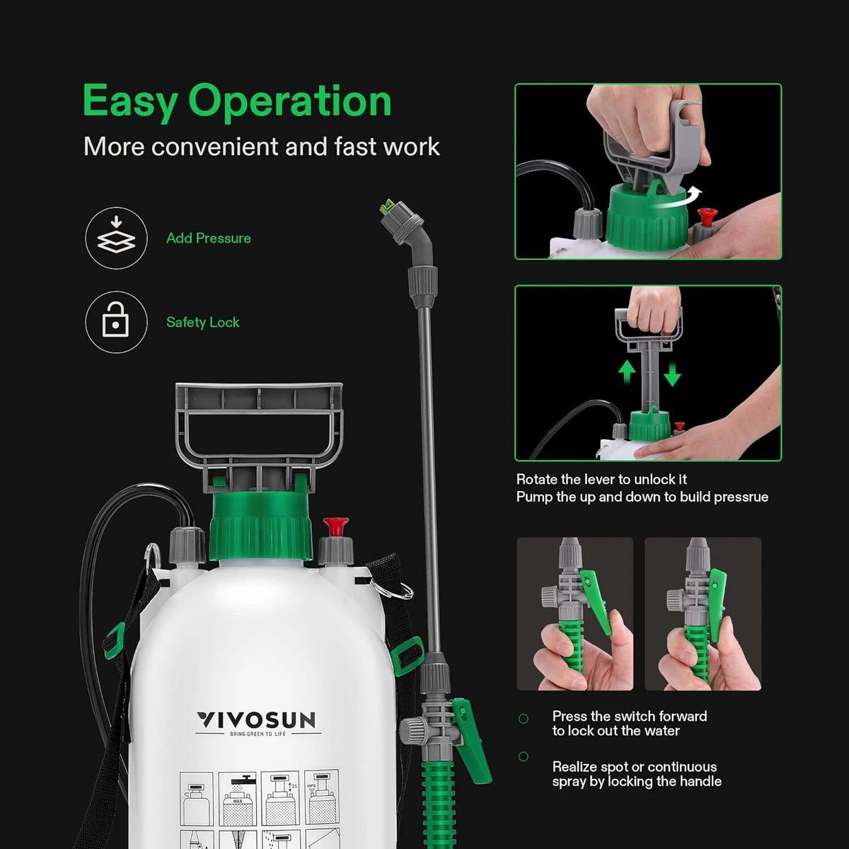 A VIVOSUN lawn and garden hand-pump pressure sprayer with a white tank, green pump components, and a long black wand attachment, shown on a black background with instructional callouts and inset photos demonstrating how to add pressure, lock the handle, and spray.