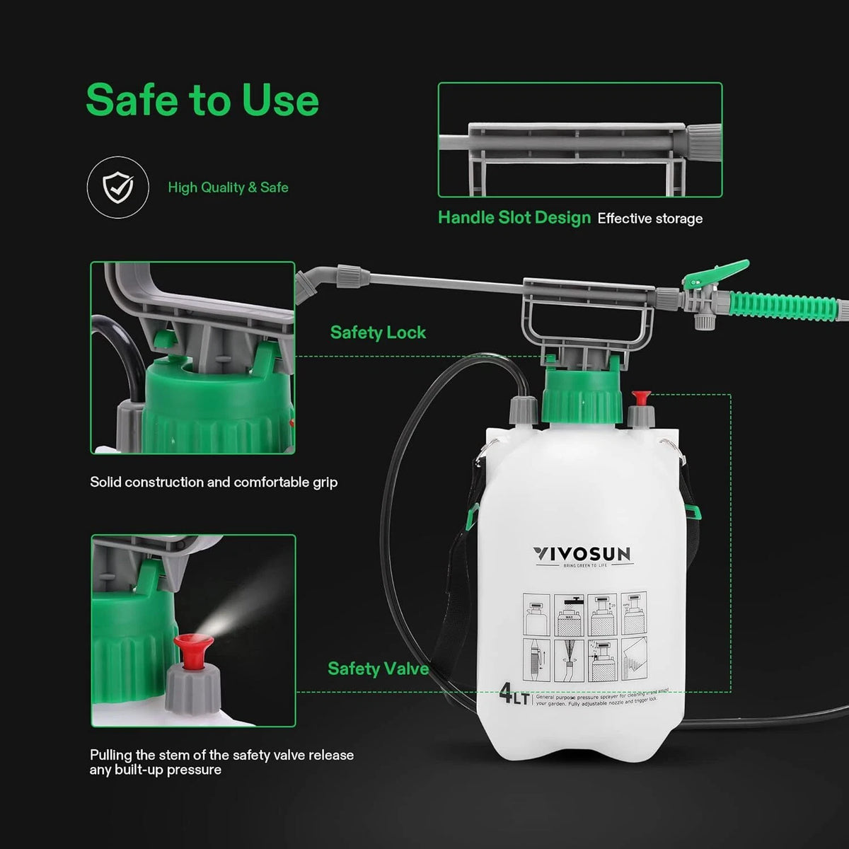 VIVOSUN lawn and garden pump sprayer with safety features highlighted on a black background