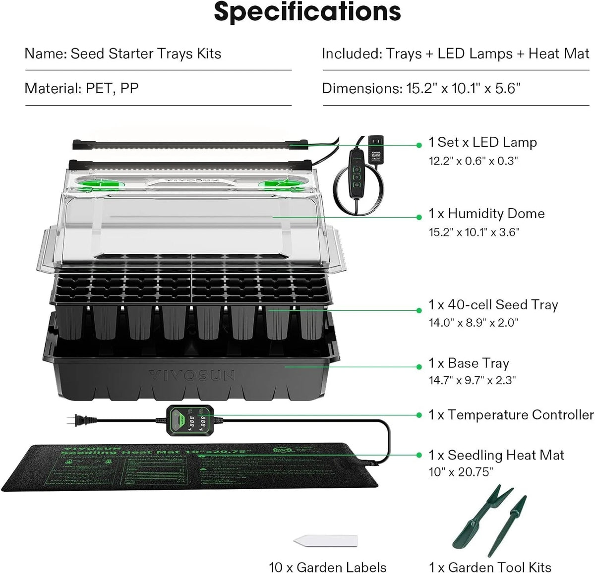 Specifications diagram for a seed starter trays kit, showing the black plastic tray system with a clear dome lid, included LED lamps, humidity dome, base tray, temperature controller, seedling heat mat, and garden tools, with dimensions and labels.