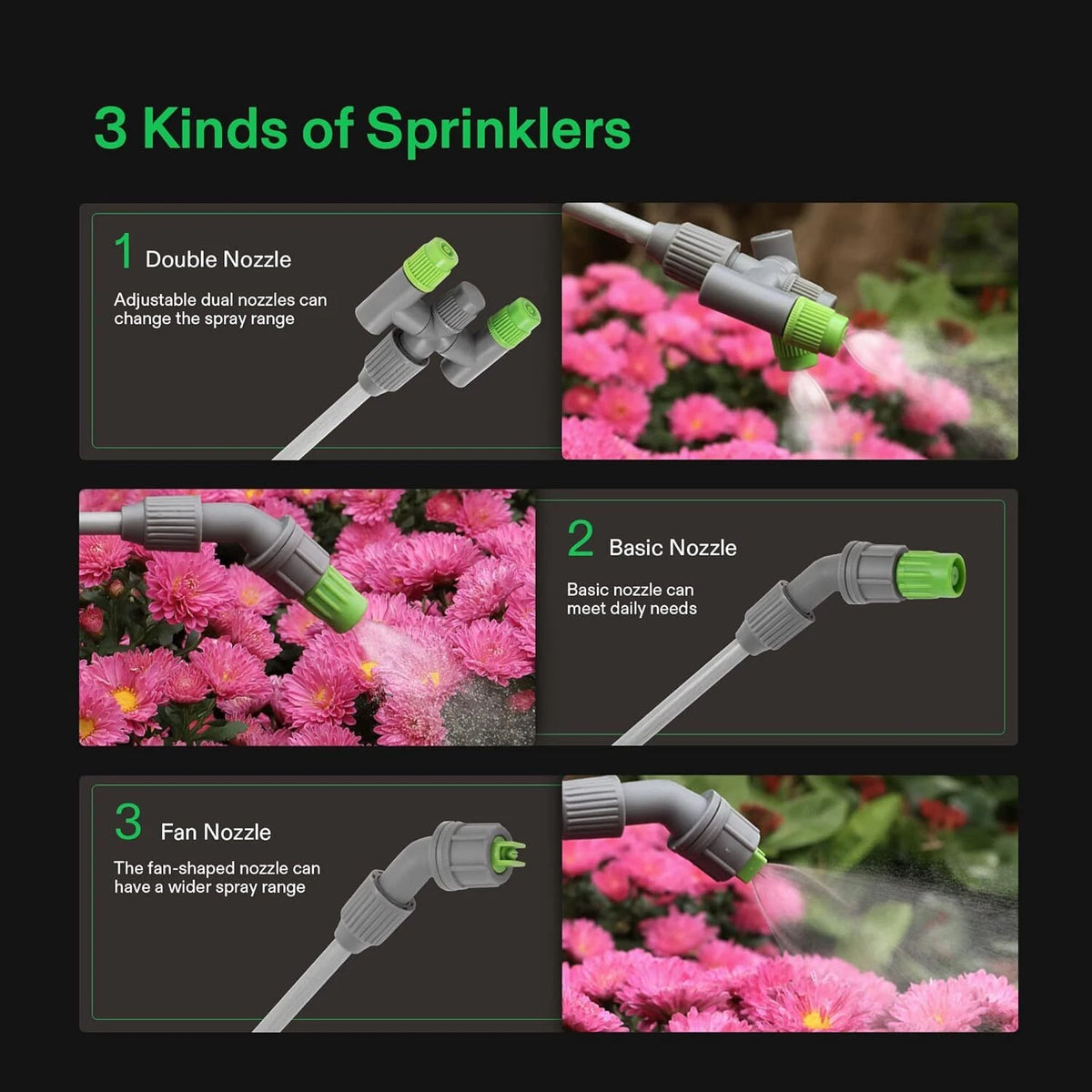 Three types of water nozzles on VIVOSUN lawn and garden sprayer with images of flowers being watered. 