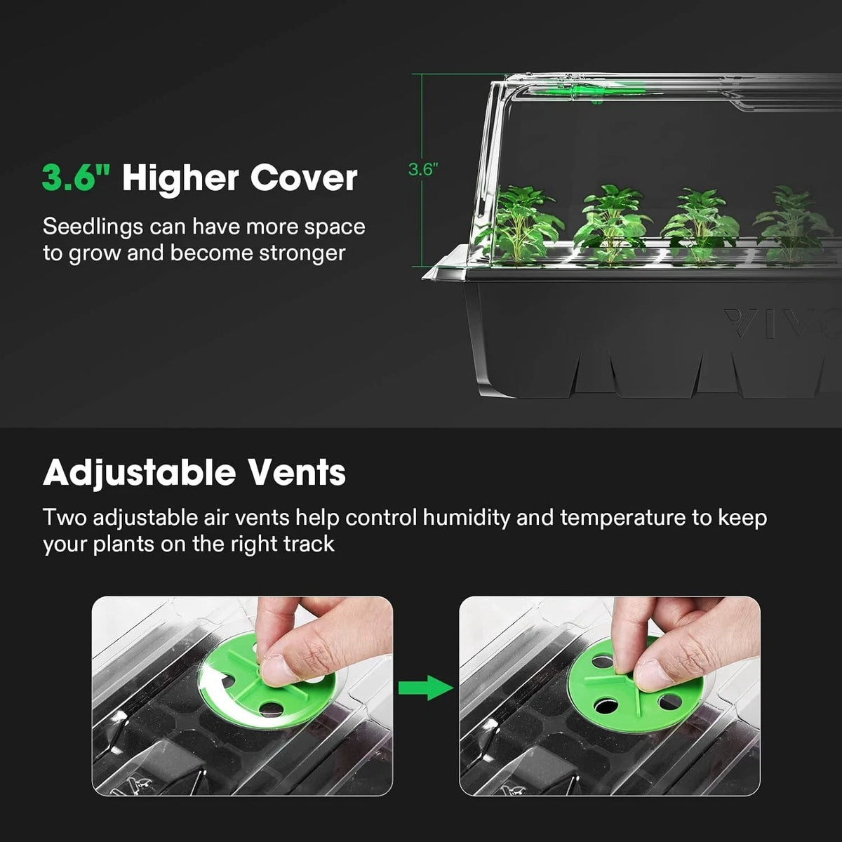 Glowing green plant in a VIVOSUN seed starting propagation kit with text on higher cover and adjustable vents.
