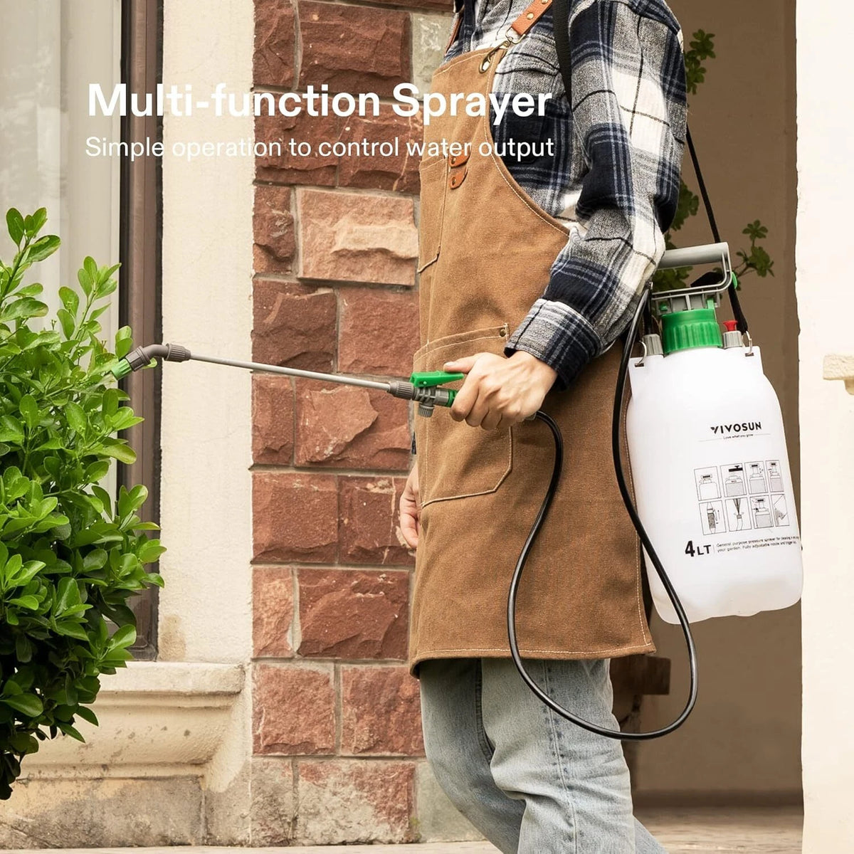 A person wearing a brown apron uses a white 4-liter multi-function VIVOSUN lawn and garden sprayer pump to spray green plants against a brick wall background. The text 'Multi-function Sprayer' is visible at the top left.
