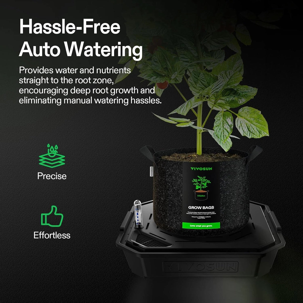 Fabric grow bag inside VIVOSUN FlexFeed Self-Watering plant Irrigation Pots showing hassle-free automatic watering