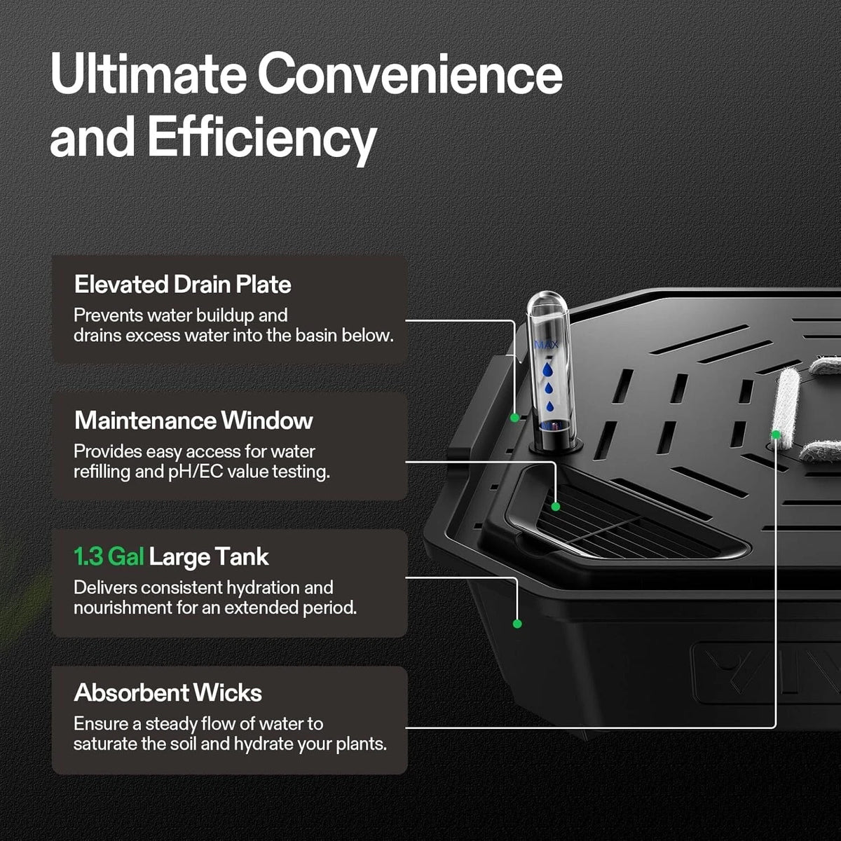 VIVOSUN automatic FlexFeed Self-Watering Irrigation Pots features elevated draing plate, maintenance window, 1.3 gallon large tank, and absorbent wicks for ultimate convenience and efficiency. 