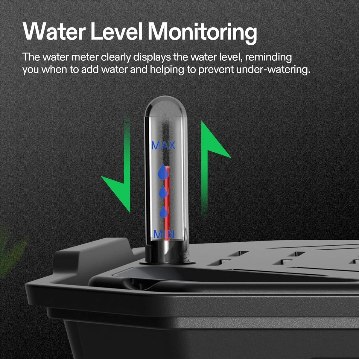 Water level monitoring meter on top of VIVOSUN FlexFeed Self-Watering Plant Irrigation Pots