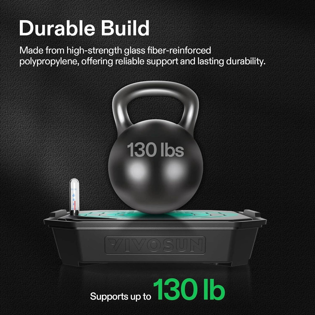 A black kettlebell showing weigh limit strength for VIVOSUN FlexFeed Self-Watering Irrigation Pots on a dark textured background, with promotional text reading 'Durable Build' and 'Supports up to 130 lb'.