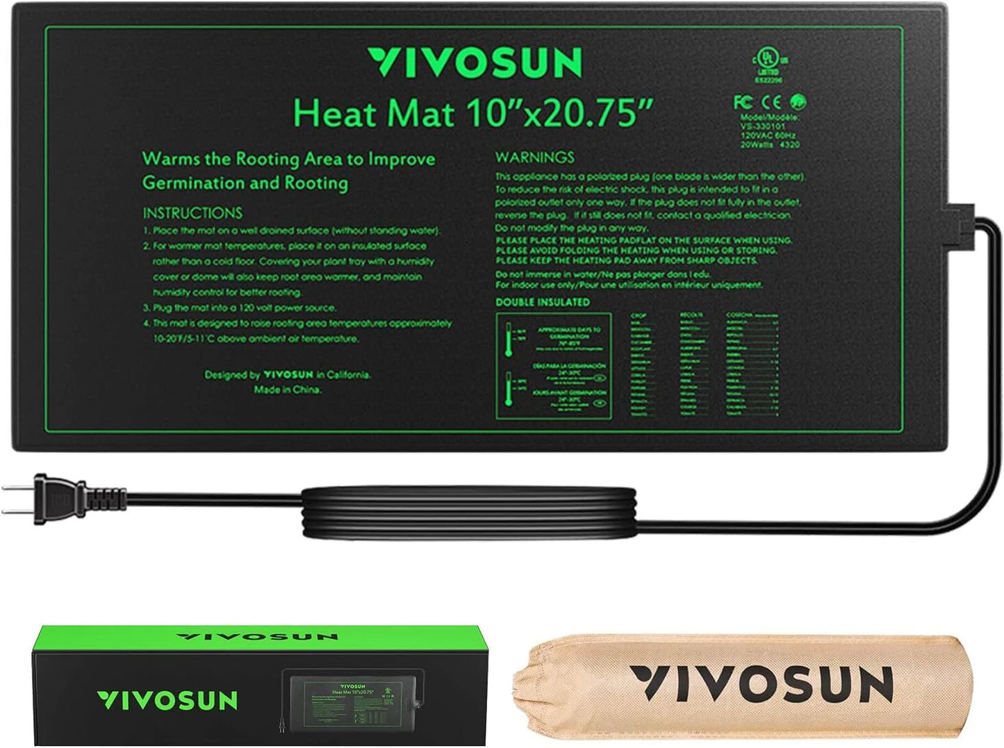 VIVOSUN plant heat mat with packaging and plug on a white background