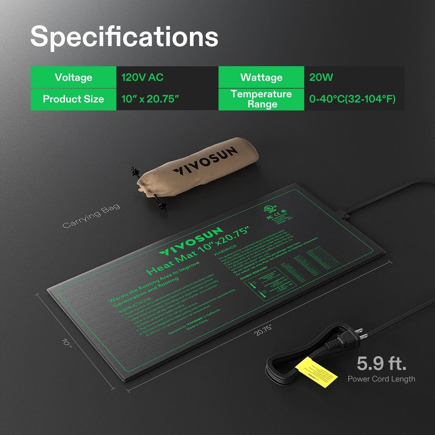 VIVOSUN seedling heat mat with specifications on a dark background