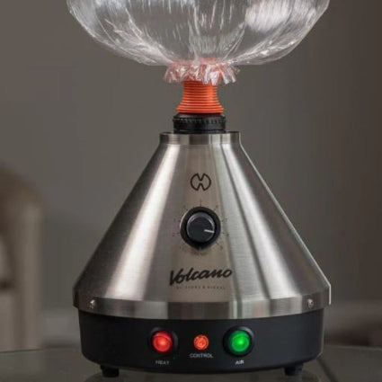 Storz & Bickel Classic Volcano vaporizer with balloon bag and control buttons on a neutral background