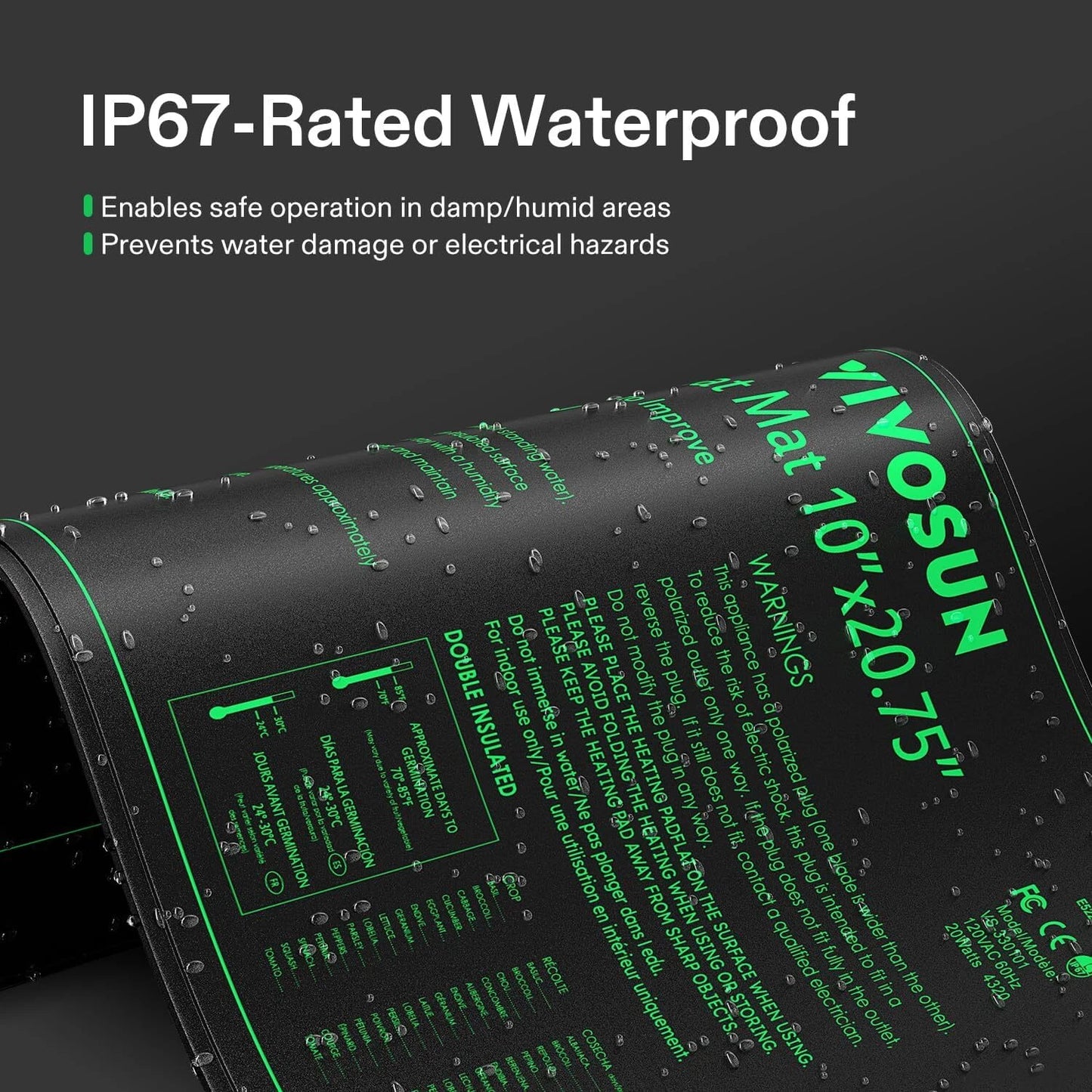 Black VIVOSUN IP67 waterproof plant heating Mat 10" x 2".