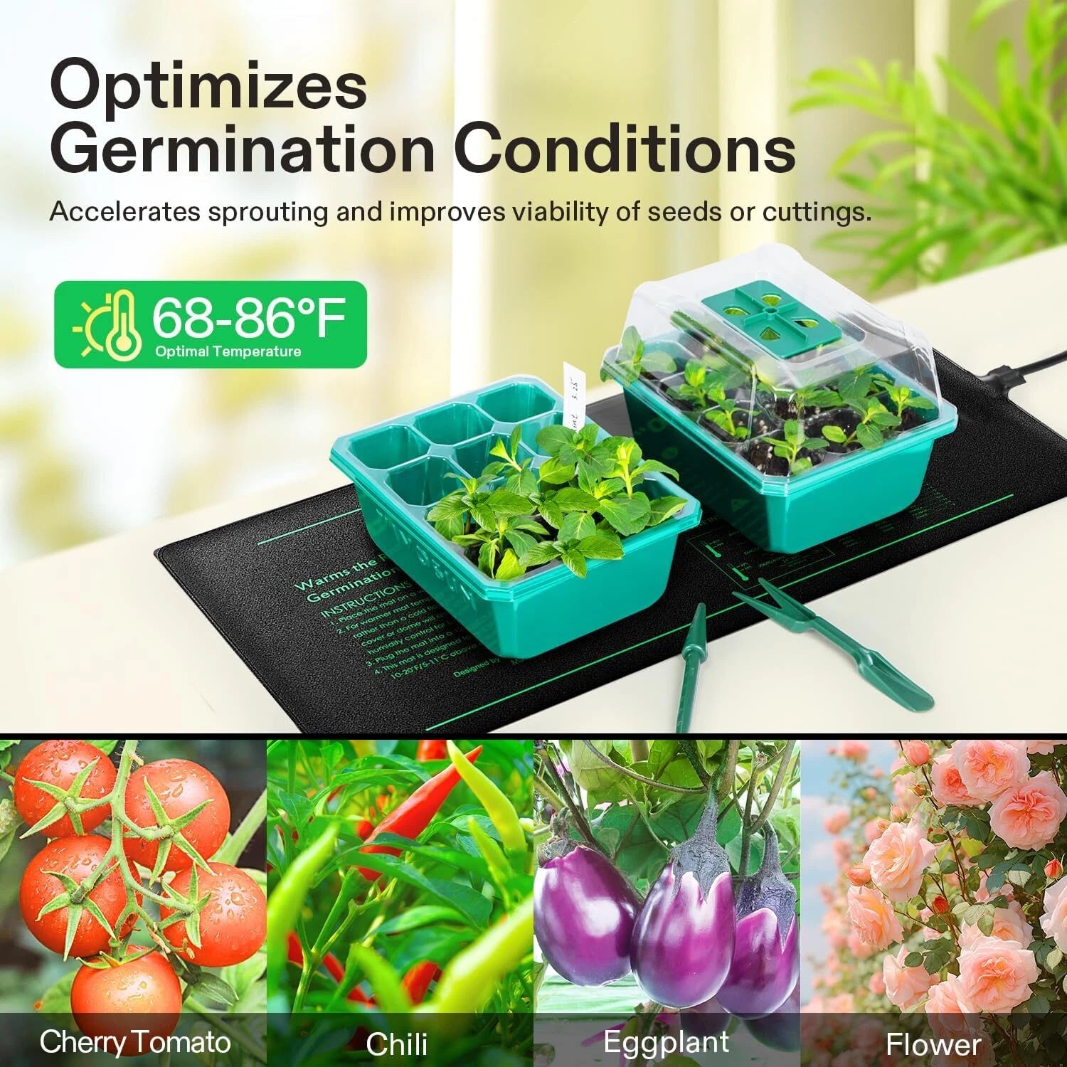 Electric seed starter mat with two teal growing trays containing young green plants, shown on a tabletop with promotional text about germination conditions and temperature. The bottom strip includes crop photos of cherry tomatoes, chili peppers, eggplant, and flowers.