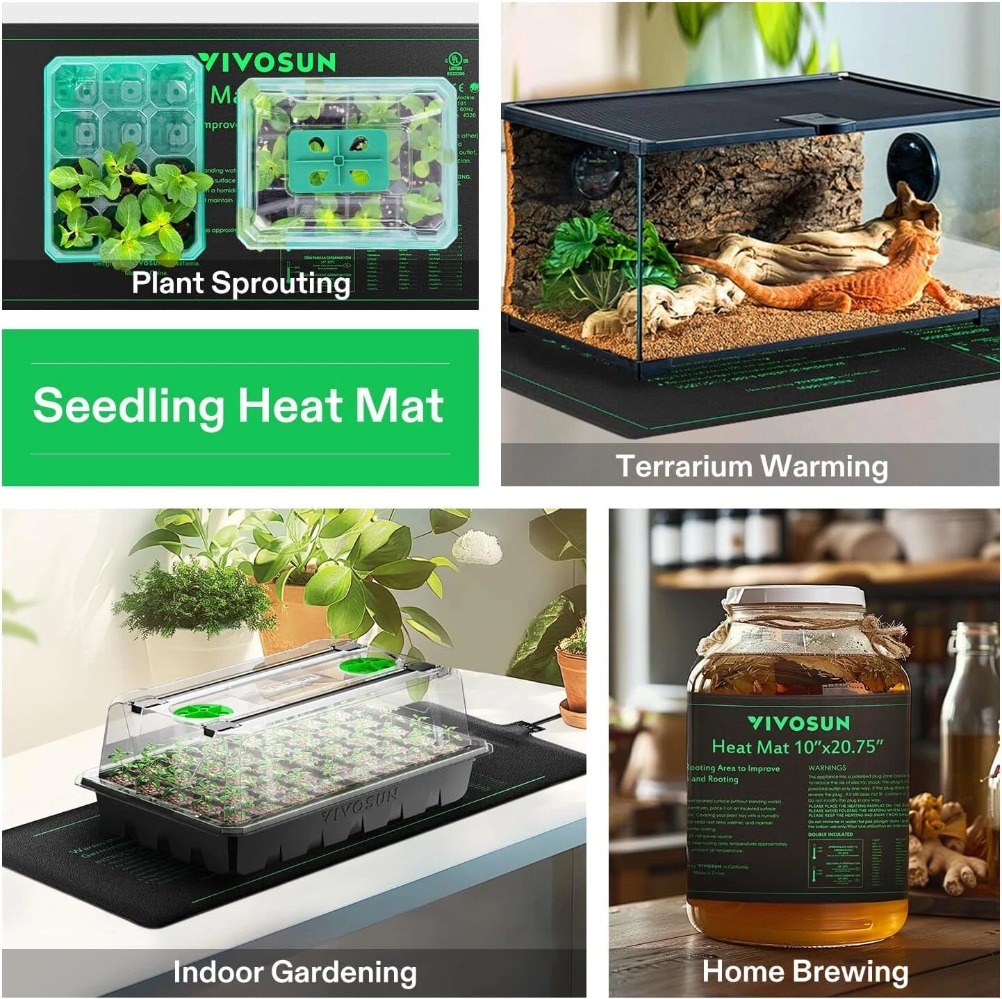 Collage of VIVOSUN products including a seedling heat mat, terrarium, indoor gardening setup, and home brewing jar.