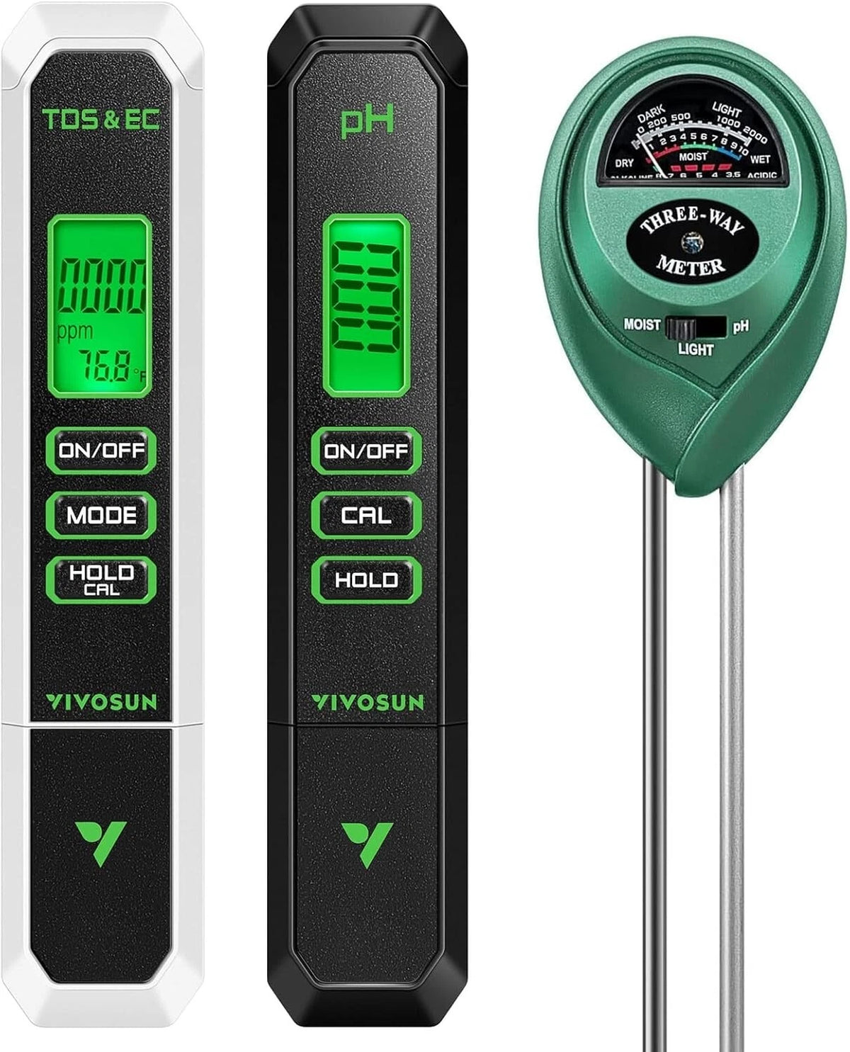 Three VIVOSUN digital meters for pH, TDS & EC, and a three-way meter on a white background.