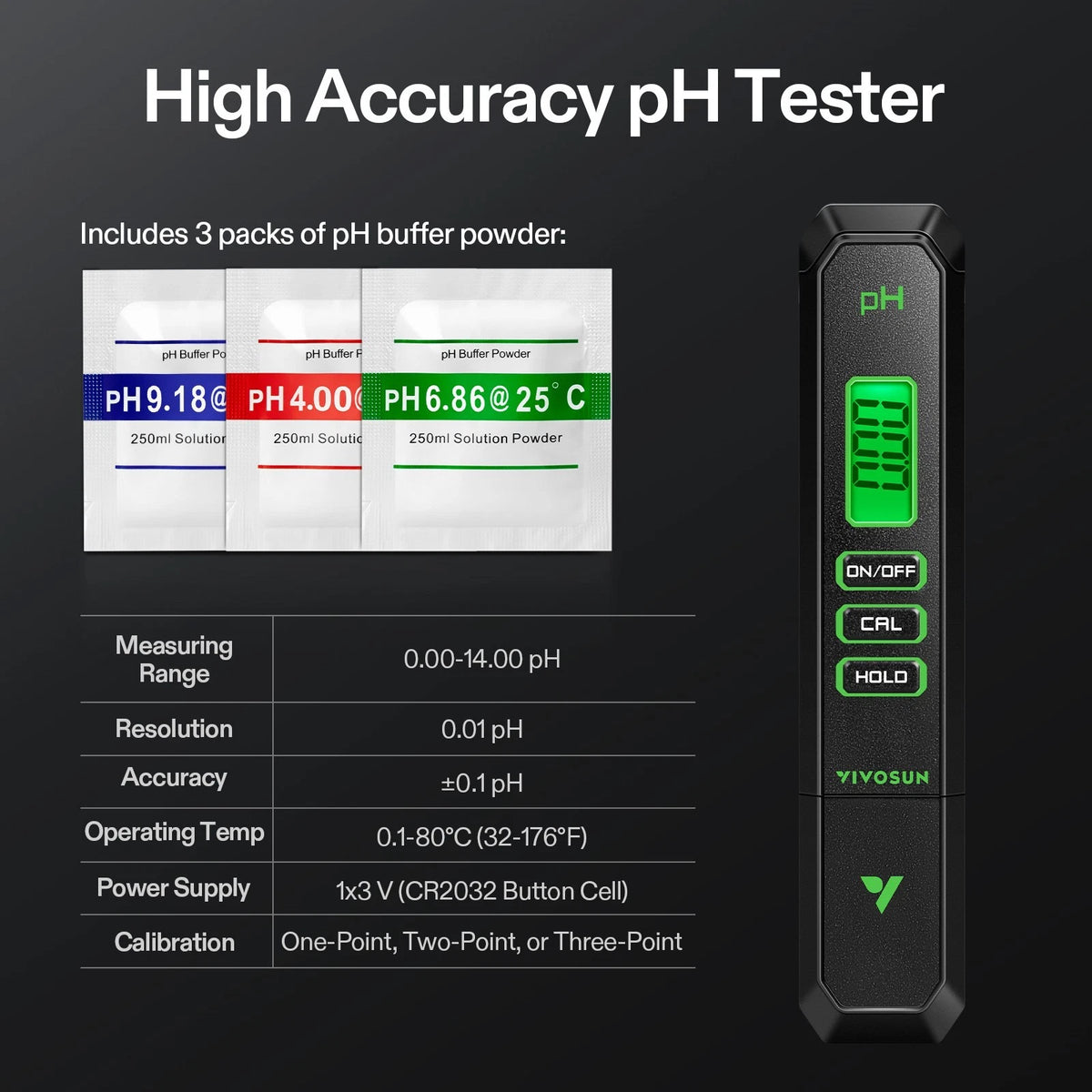 High accuracy pH tester with digital display on a black background