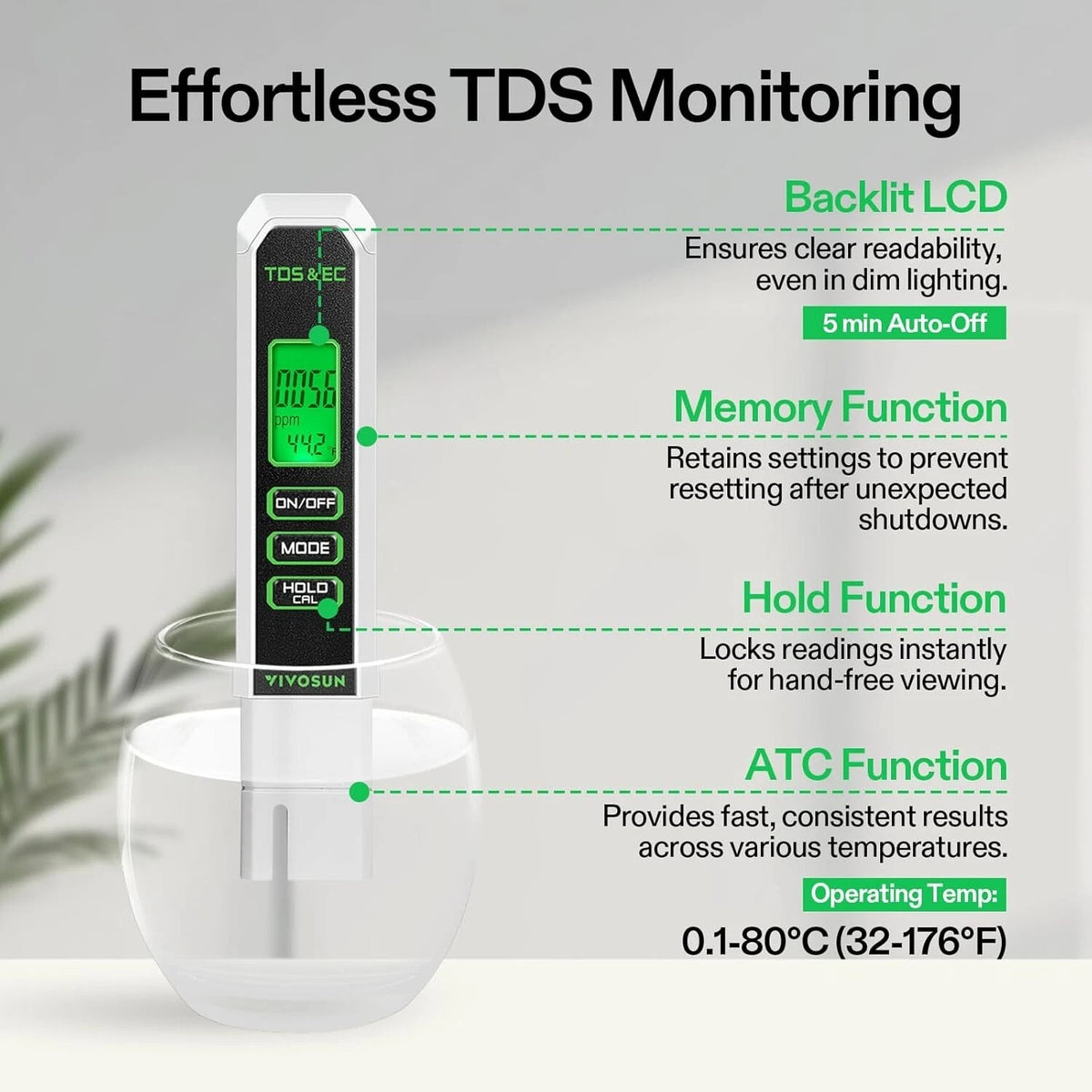 TDS monitor with features highlighted on a white background