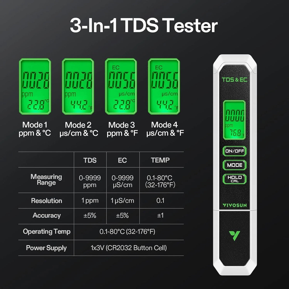 A 3-in-1 TDS tester device shown on a black background with four green display examples and a specification table. The device is white and black with green-lit screens and labeled buttons, and the brand VIVOSUN is visible near the bottom.