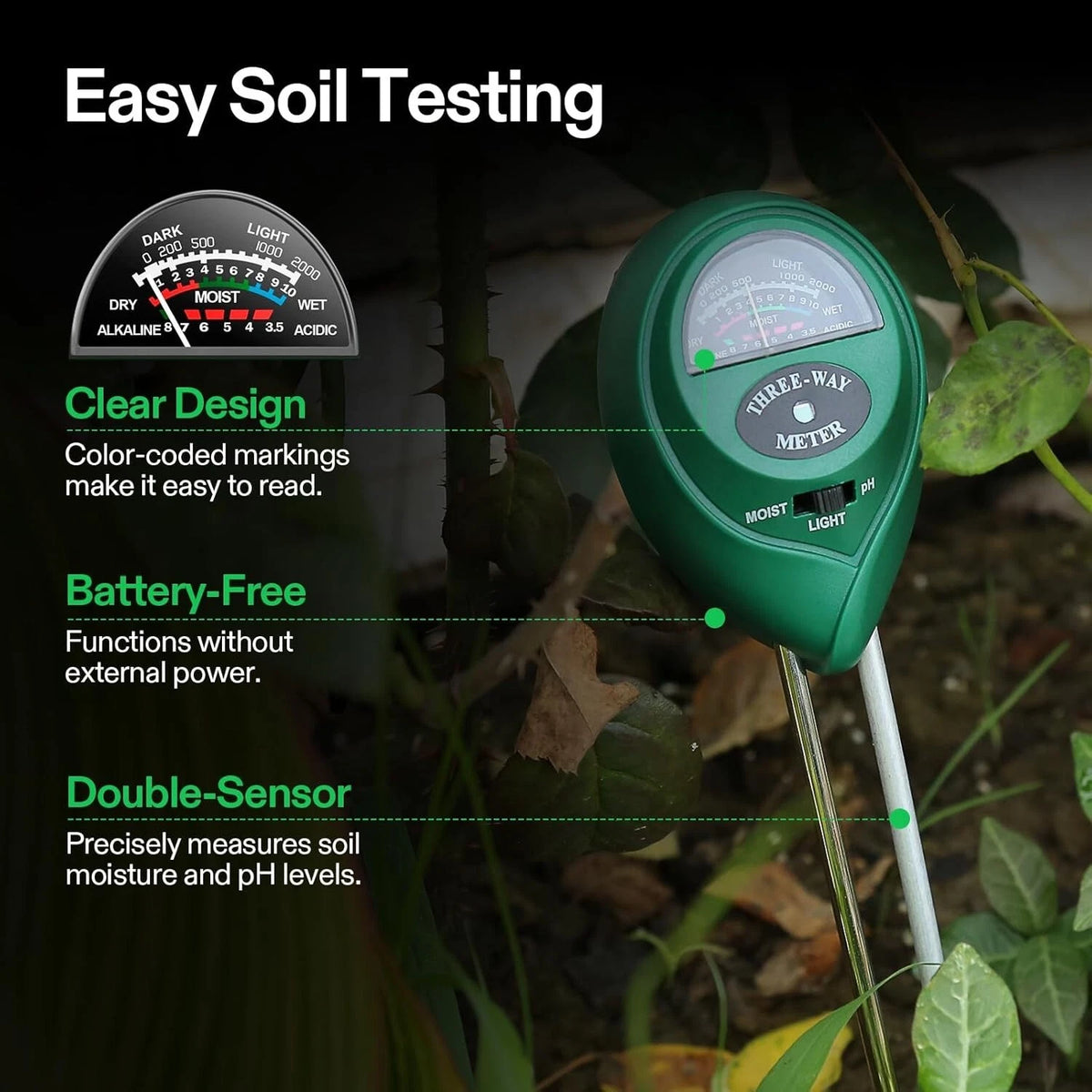 Soil testing meter with features highlighted on a dark background