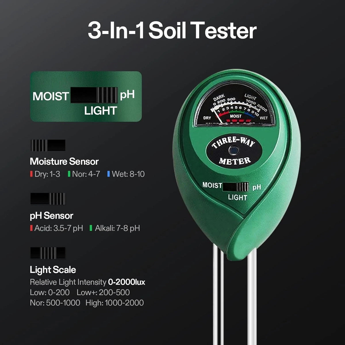 Green 3-in-1 soil tester with moisture, pH, and light measurement on a black background