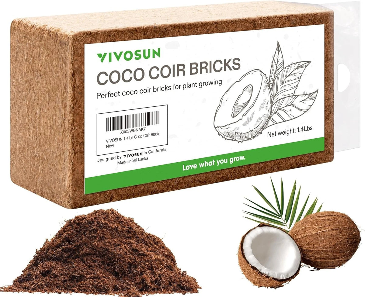 VIVOSUN Coco coir bricks packaging with soil and coconut halves on a white background