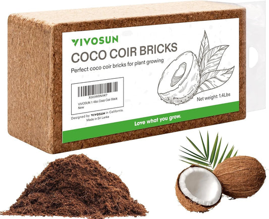 VIVOSUN Coco coir bricks packaging with soil and coconut halves on a white background