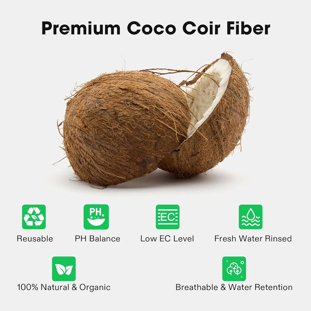 Premium Coco Coir Fiber product graphic showing two coconuts on a light gray background with text and feature icons for reusable, pH balance, low EC level, fresh water rinsed, 100% natural & organic, and breathable water retention.