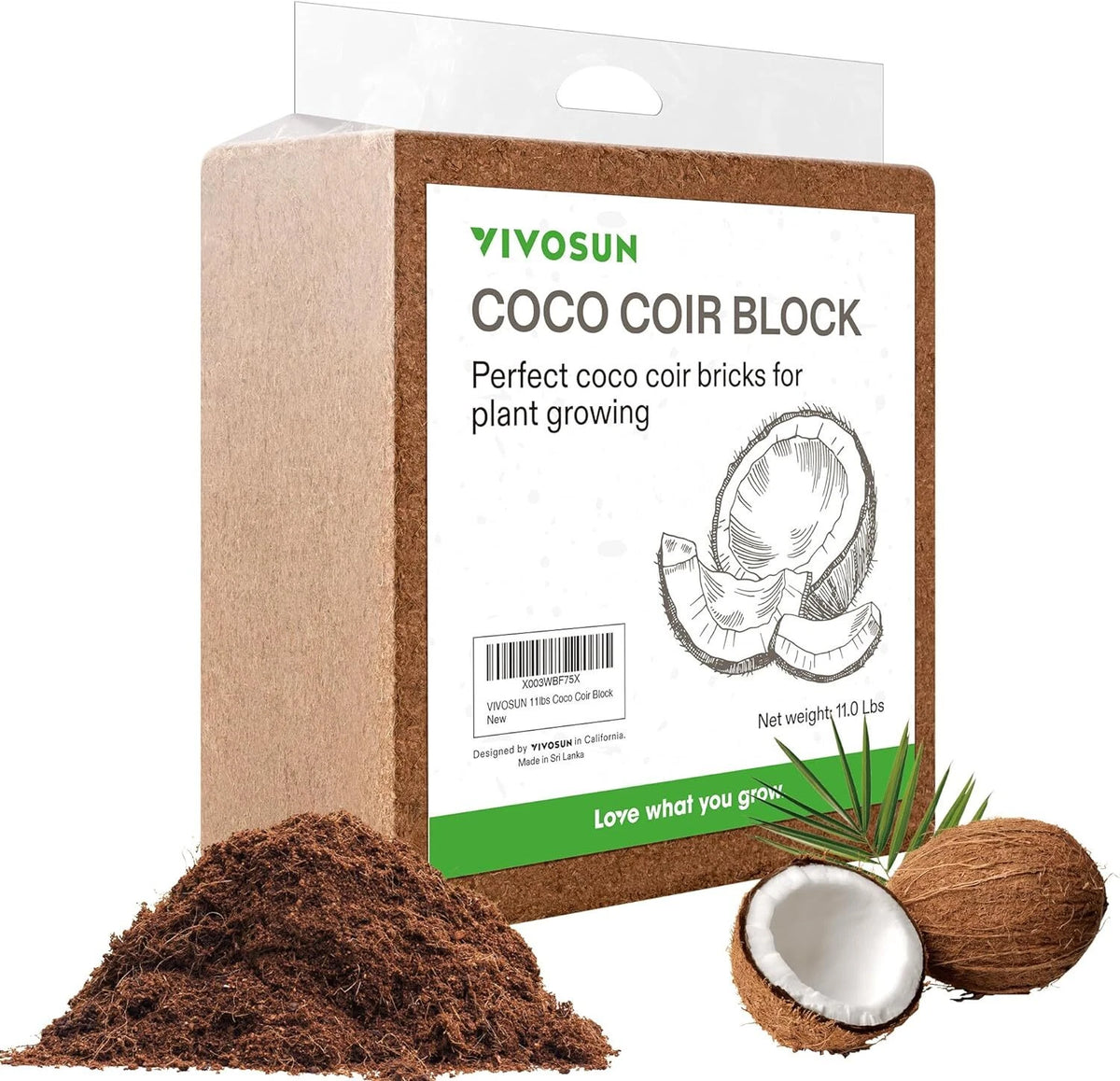VIVOSUN Coco Coir Block packaging with coir material and coconut on a white background