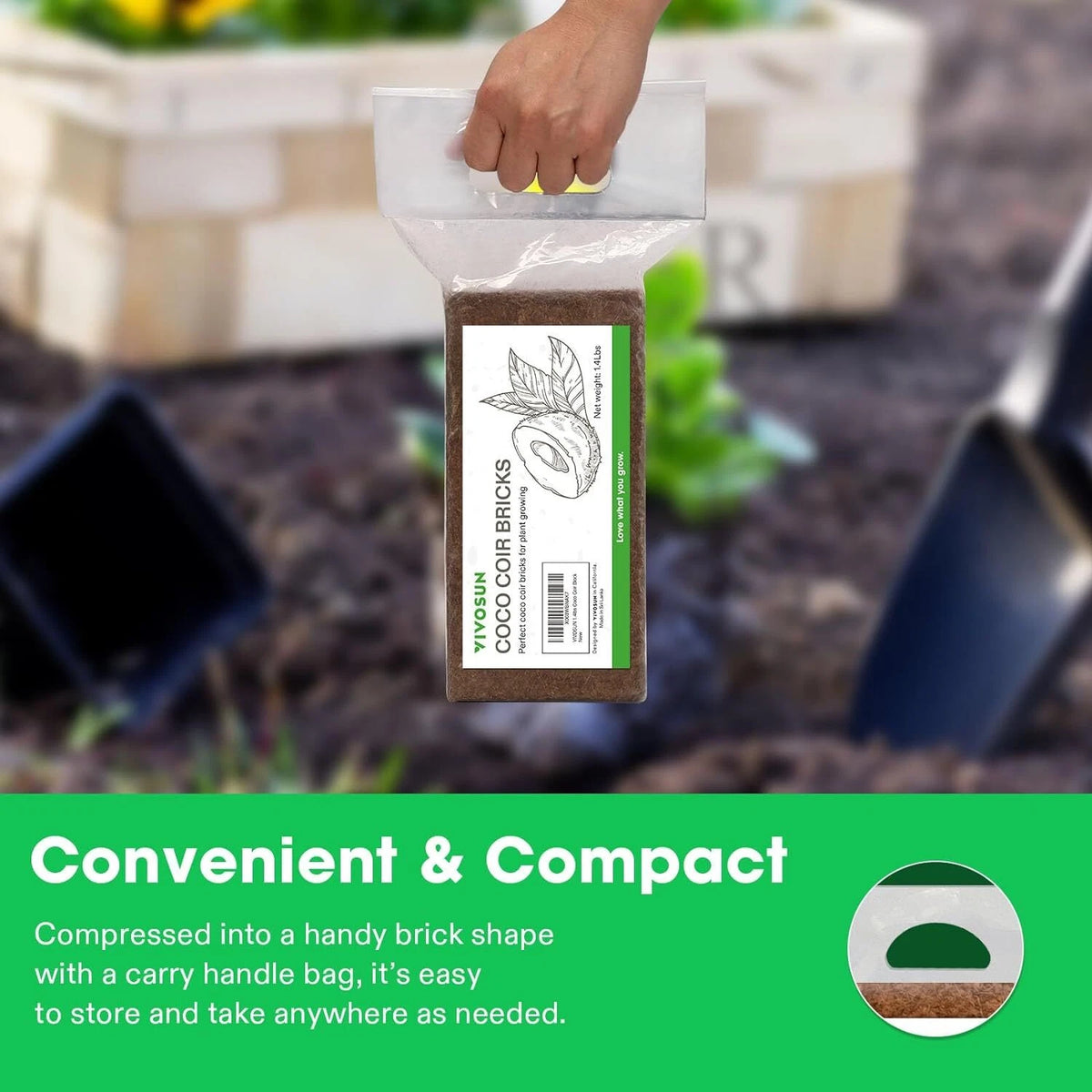 Coco coir bricks in a carry handle bag with gardening context