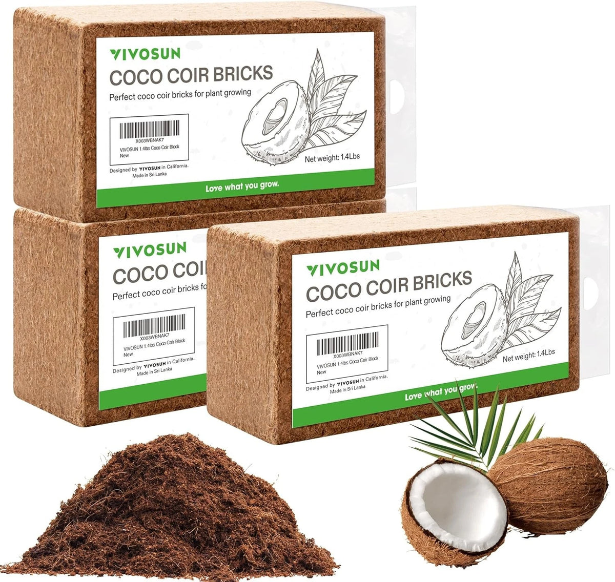 Three boxes of VIVOSUN Coco Coir Bricks with a pile of coir and coconuts on a white background.