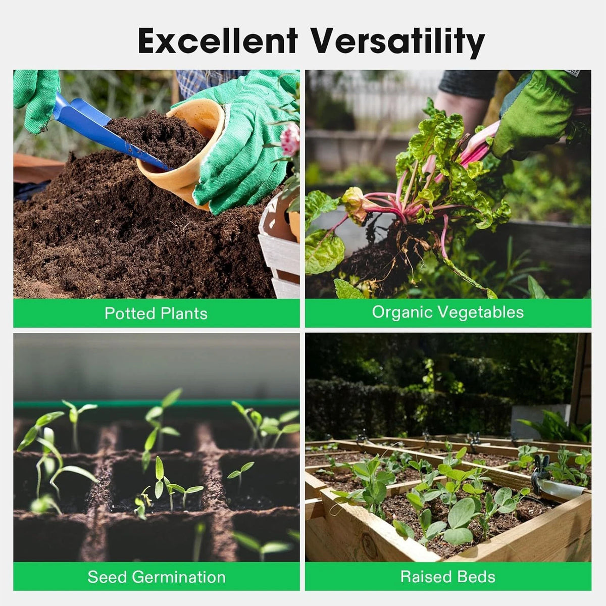 Collage of gardening activities showing coco coir's use in various scenarios with text 'Excellent Versatility' and labels for potted plants, organic vegetables, seed germination, and raised beds.