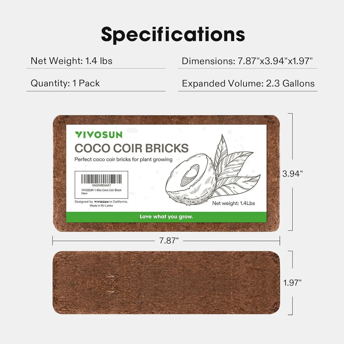 Specification sheet for VIVOSUN Coco Coir Bricks showing dimensions, net weight, quantity, and expanded volume, with a top view and bottom view of the brick on a light gray background.