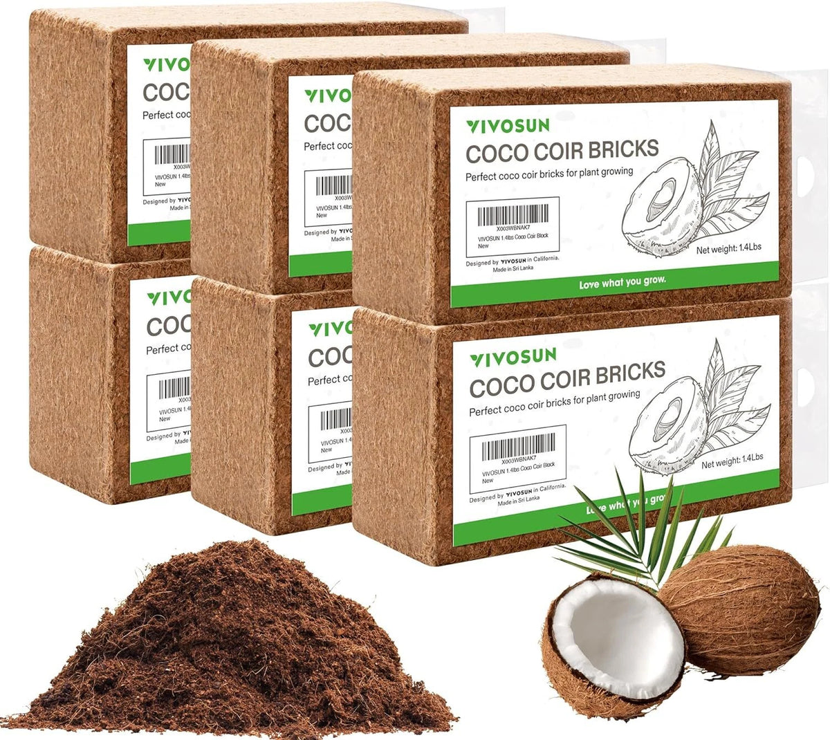 Coco coir bricks with packaging and a small pile of soil on a white background