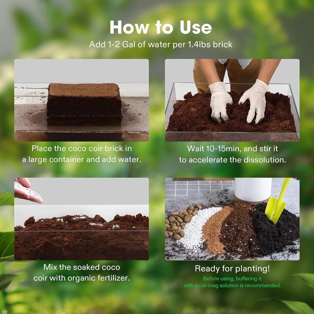 Instructions on how to use a coco coir product with images of soil preparation and planting.