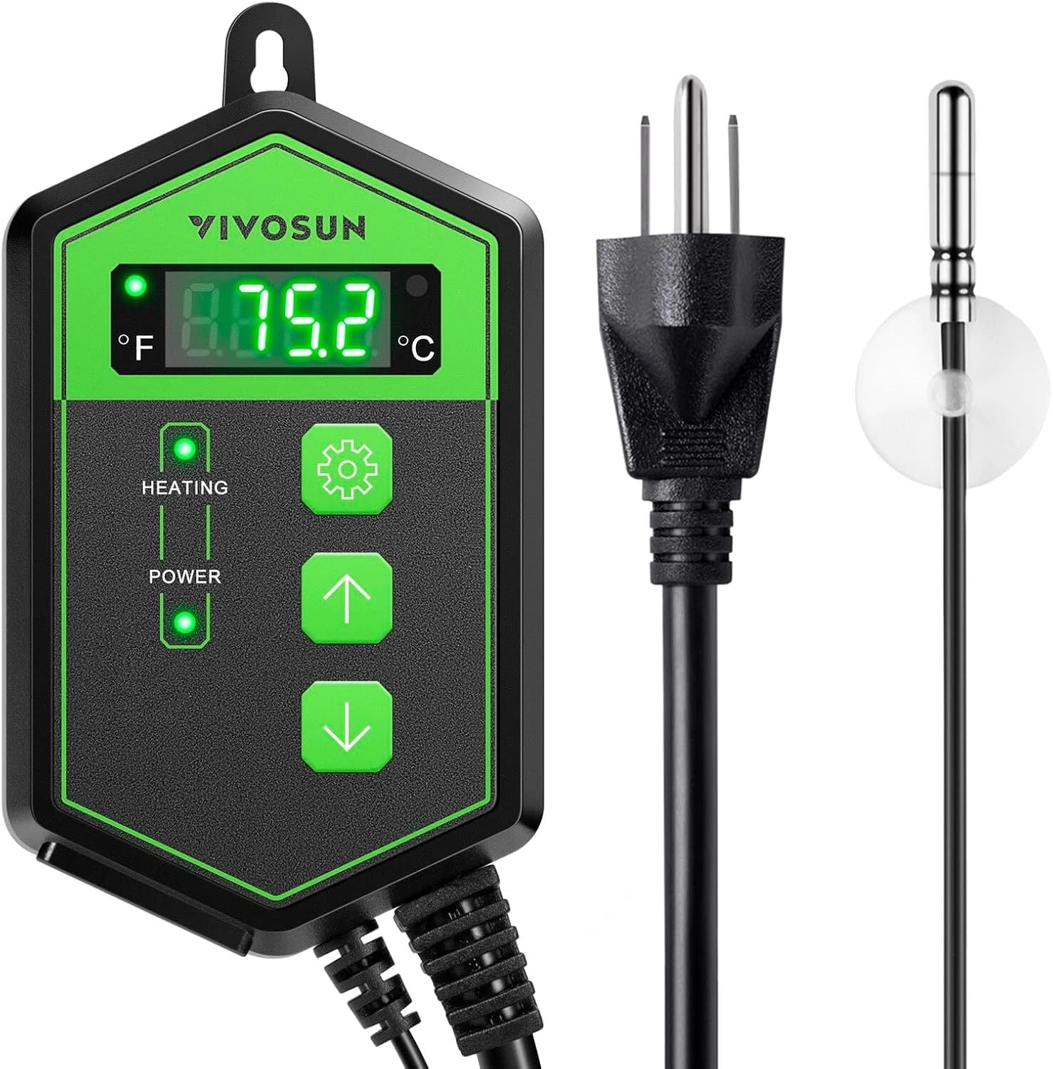 VIVOSUN digital thermostat temperature controller plant heat mat with display and probes on a white background