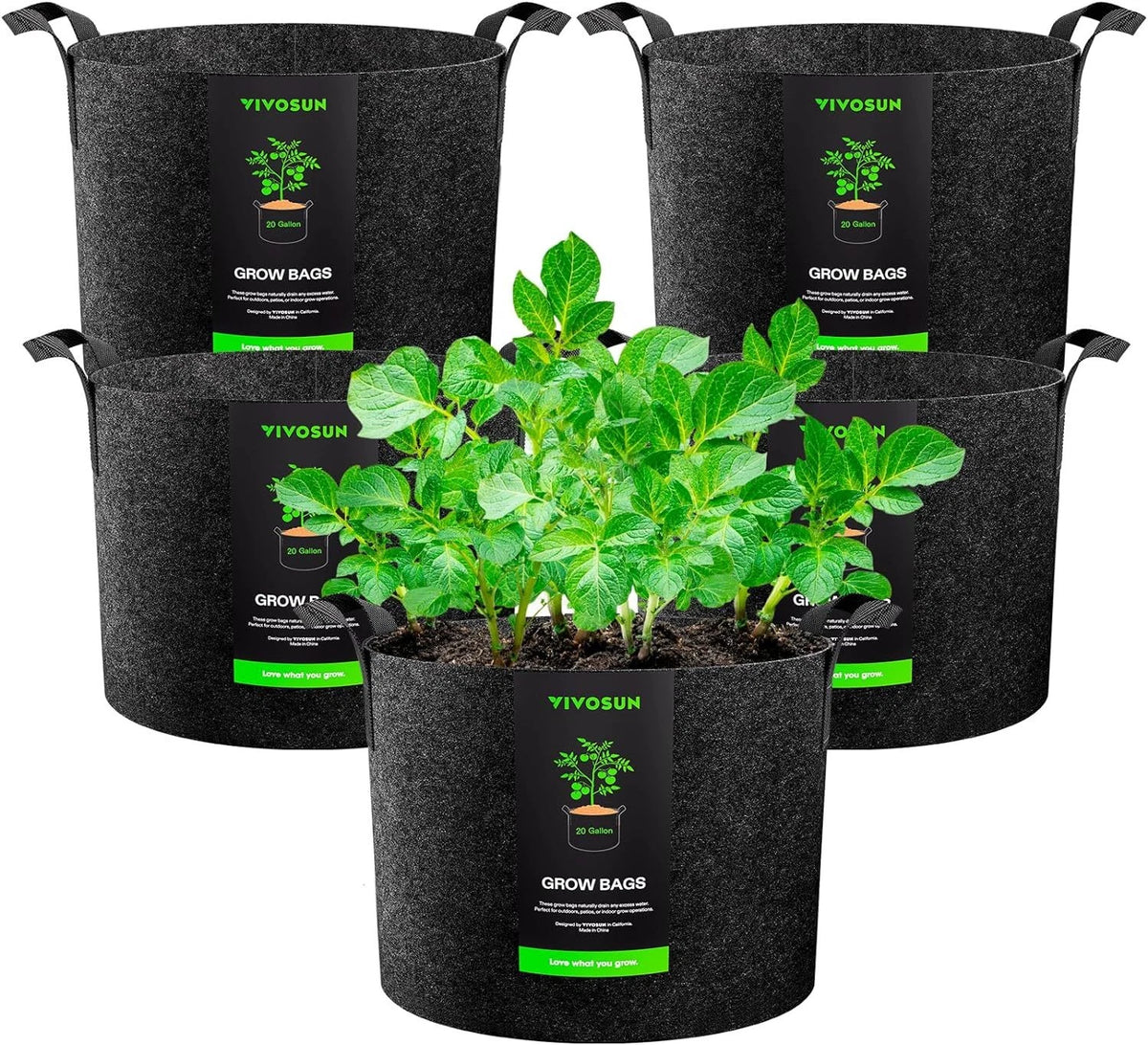 Large black 20 gallon fabric grow bags with plants and VIVOSUN branding on a white background