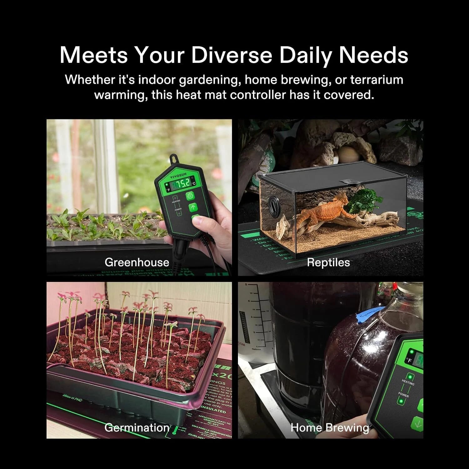 Heat mat controller with applications for greenhouse, reptiles, seed germination, and home brewing.