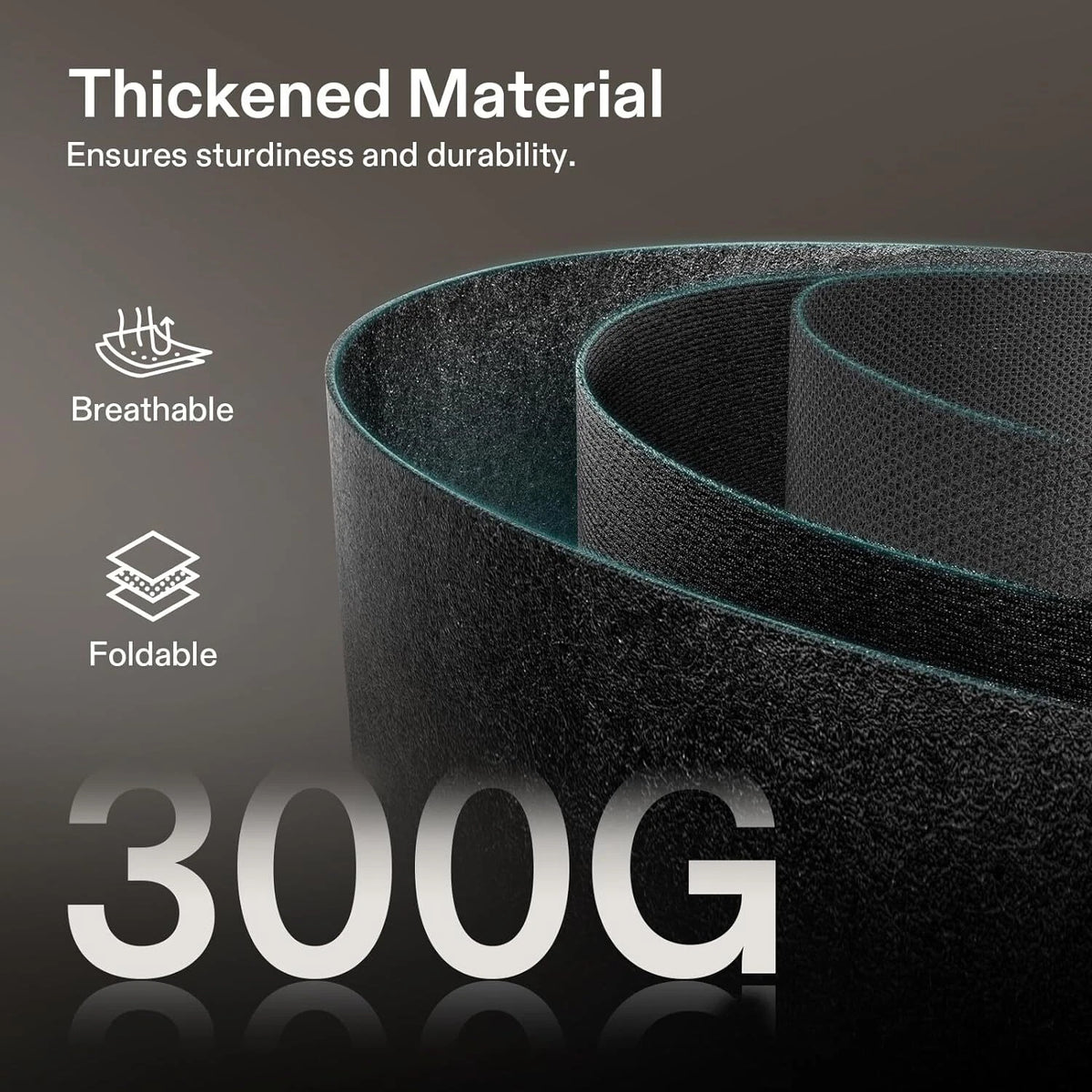VIVOSUN 20 gallon grow bag thickness of 300 gram fabric with text highlighting material properties and weight on a dark background