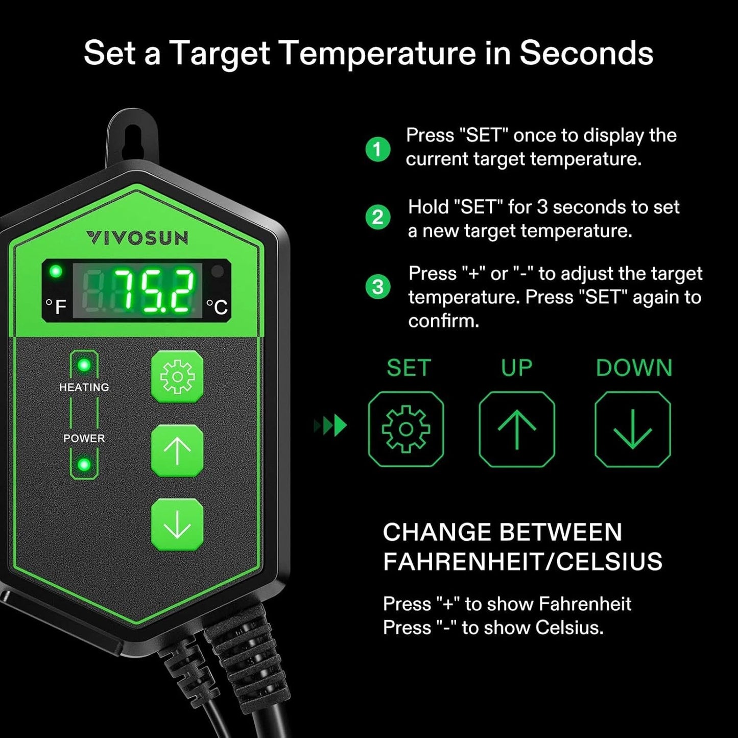 Digital thermostat temperature controller with display and buttons on a black background