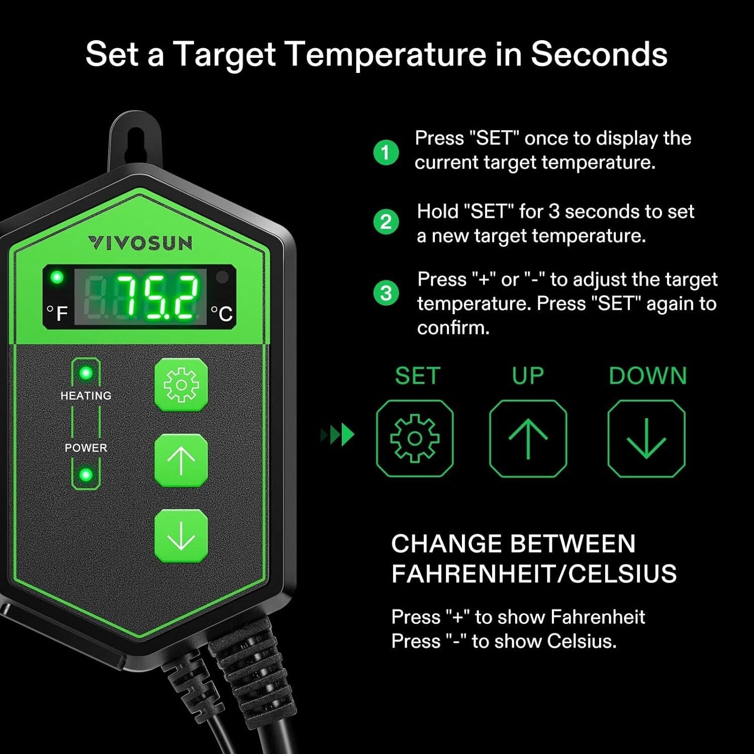 Digital thermostat temperature controller with display and buttons on a black background