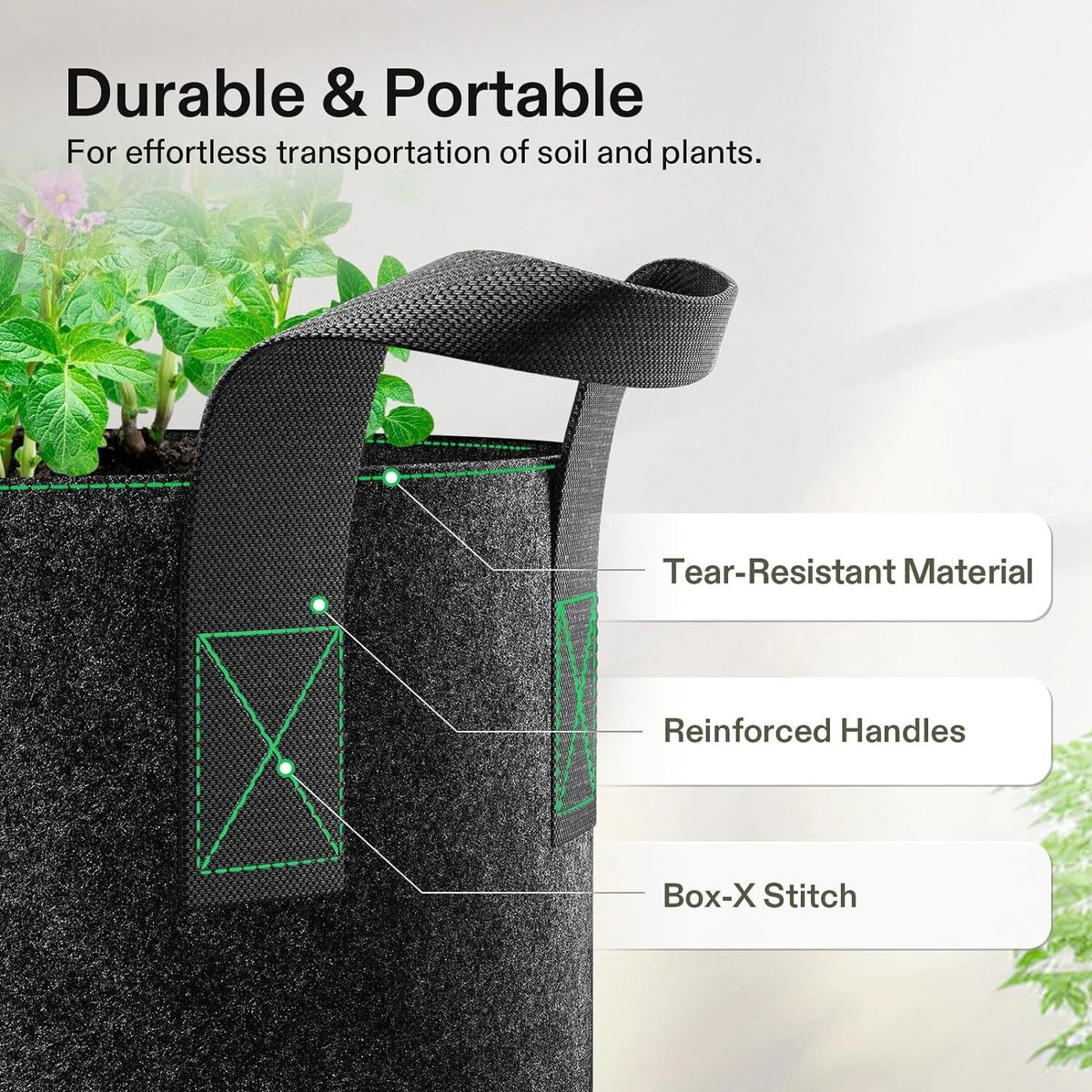 Black garden fabric grow bag with text highlighting features on a white background