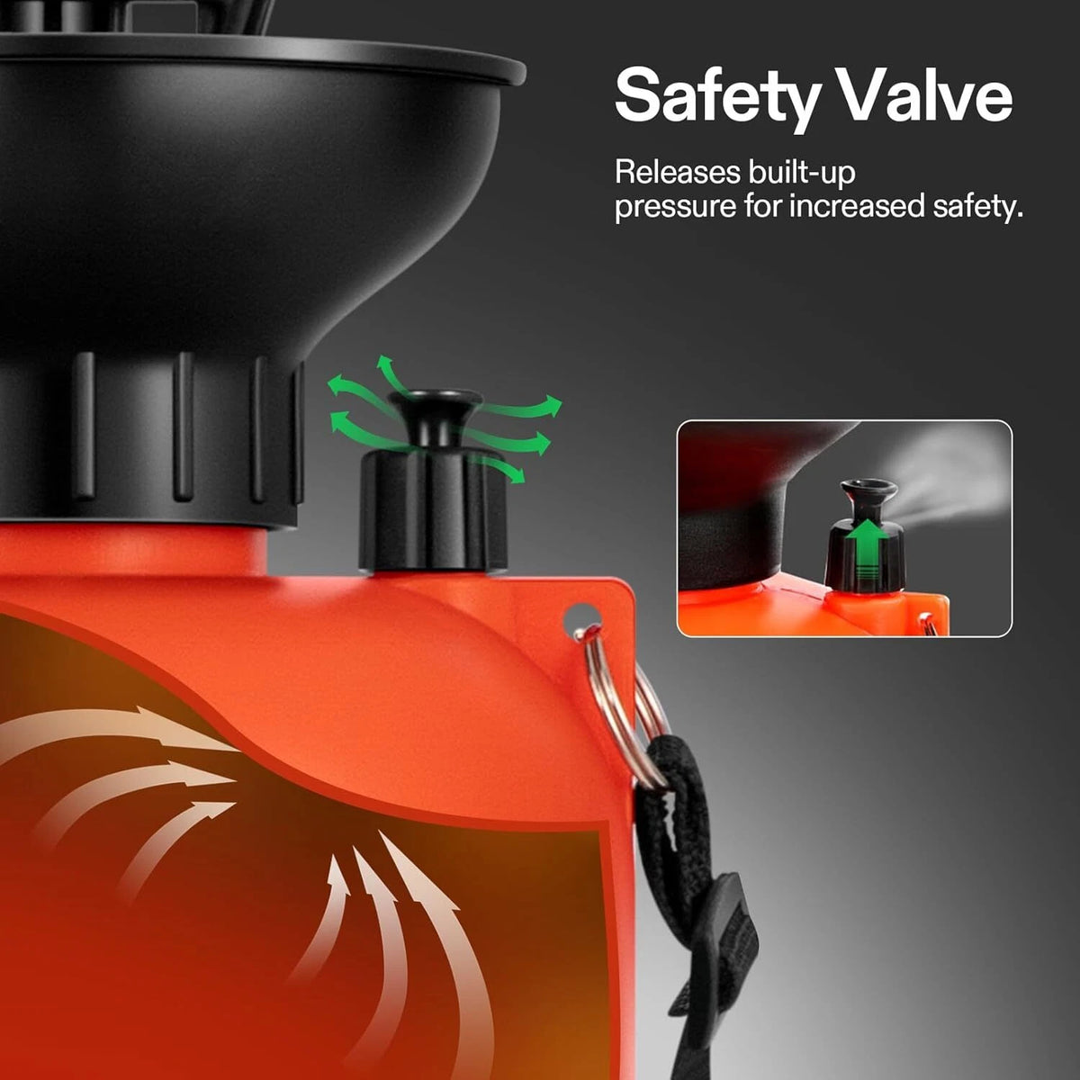 Close-up of a safety valve on an orange VIVOSUN garden pressure sprayer with text explaining its function.