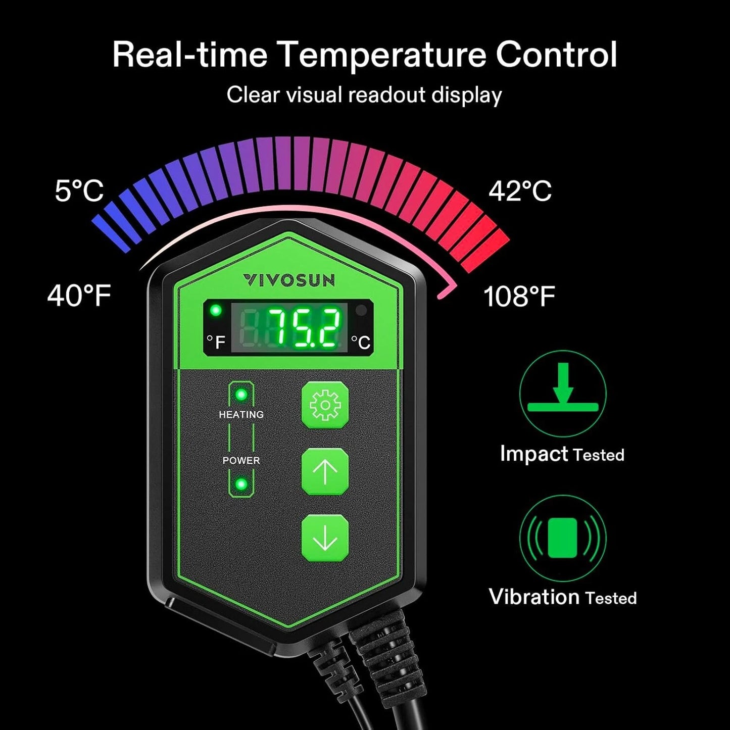 VIVOSUN Digital thermostat temperature controller with display and control buttons on a black background