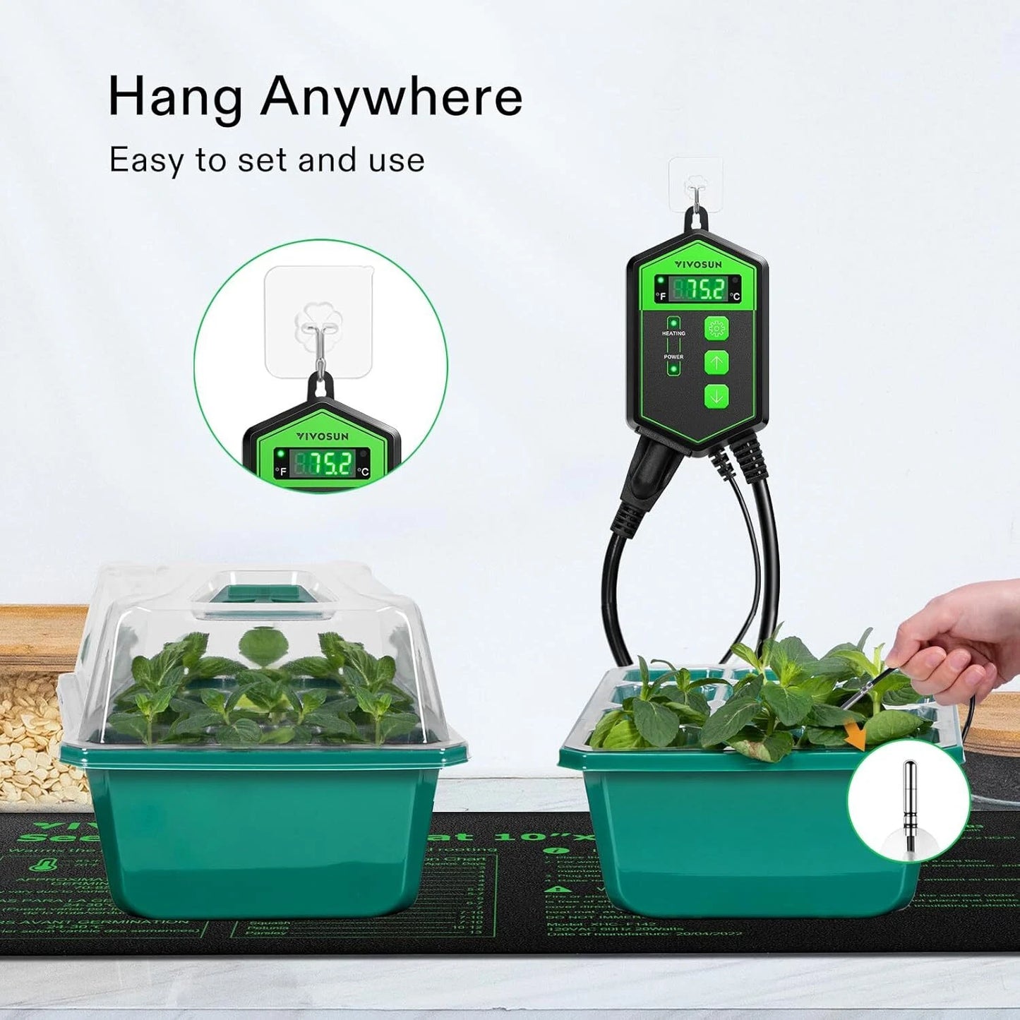 Hydroponic system with digital thermostat temperature controller and plants, featuring text 'Hang Anywhere' and 'Easy to set and use'.