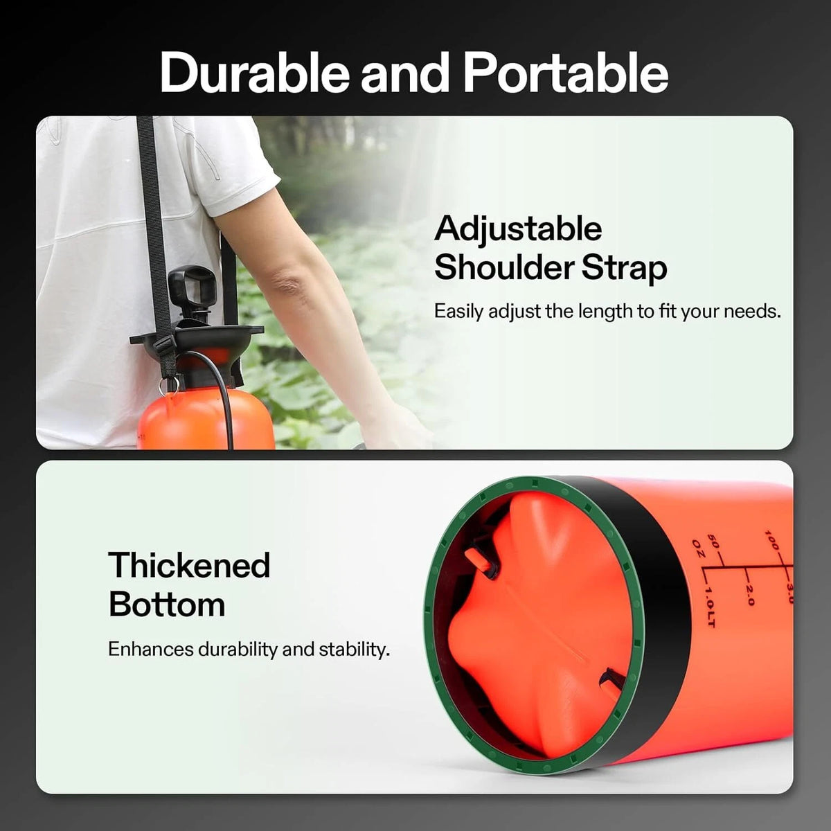 Promotional graphic for a portable orange VIVOSUN water pump sprayer with an adjustable shoulder strap, showing a person wearing it and a close-up of the thickened bottom end with measurement markings.