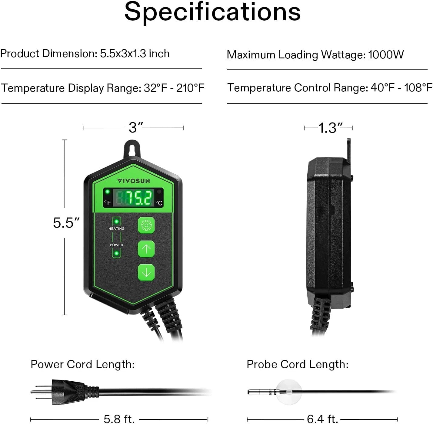 VIVOSUN digital thermostat temperature controller with specifications on a white background